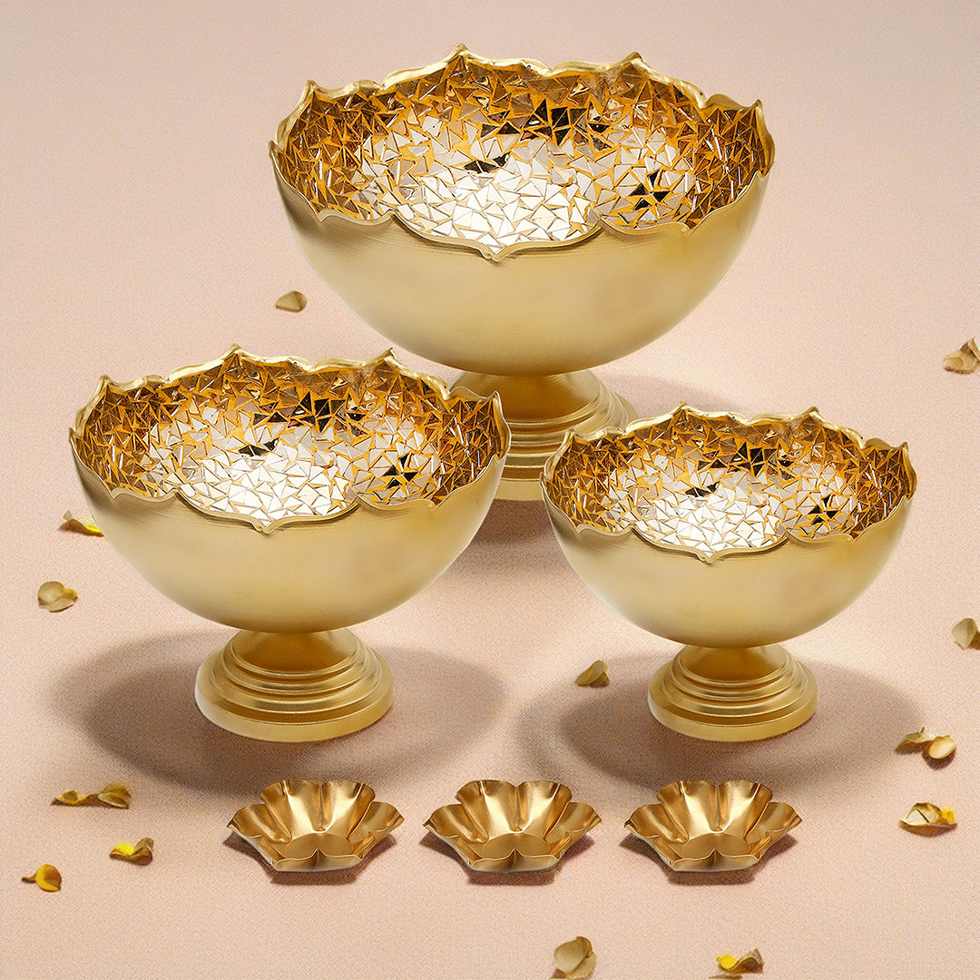 Gold Mosaic Urli with Base - Set of 3 (Small, Medium and Large)