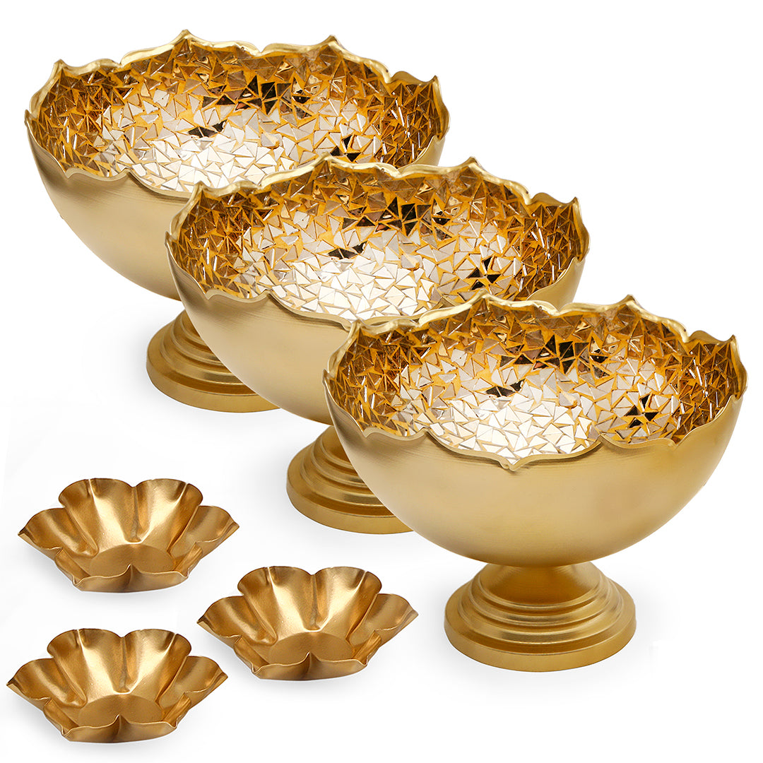 Gold Mosaic Urli with Base - Set of 3 (Small, Medium and Large)