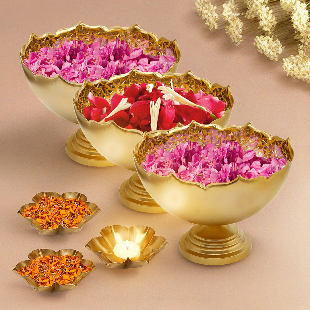 Gold Mosaic Urli with Base - Set of 3 (Small, Medium and Large)