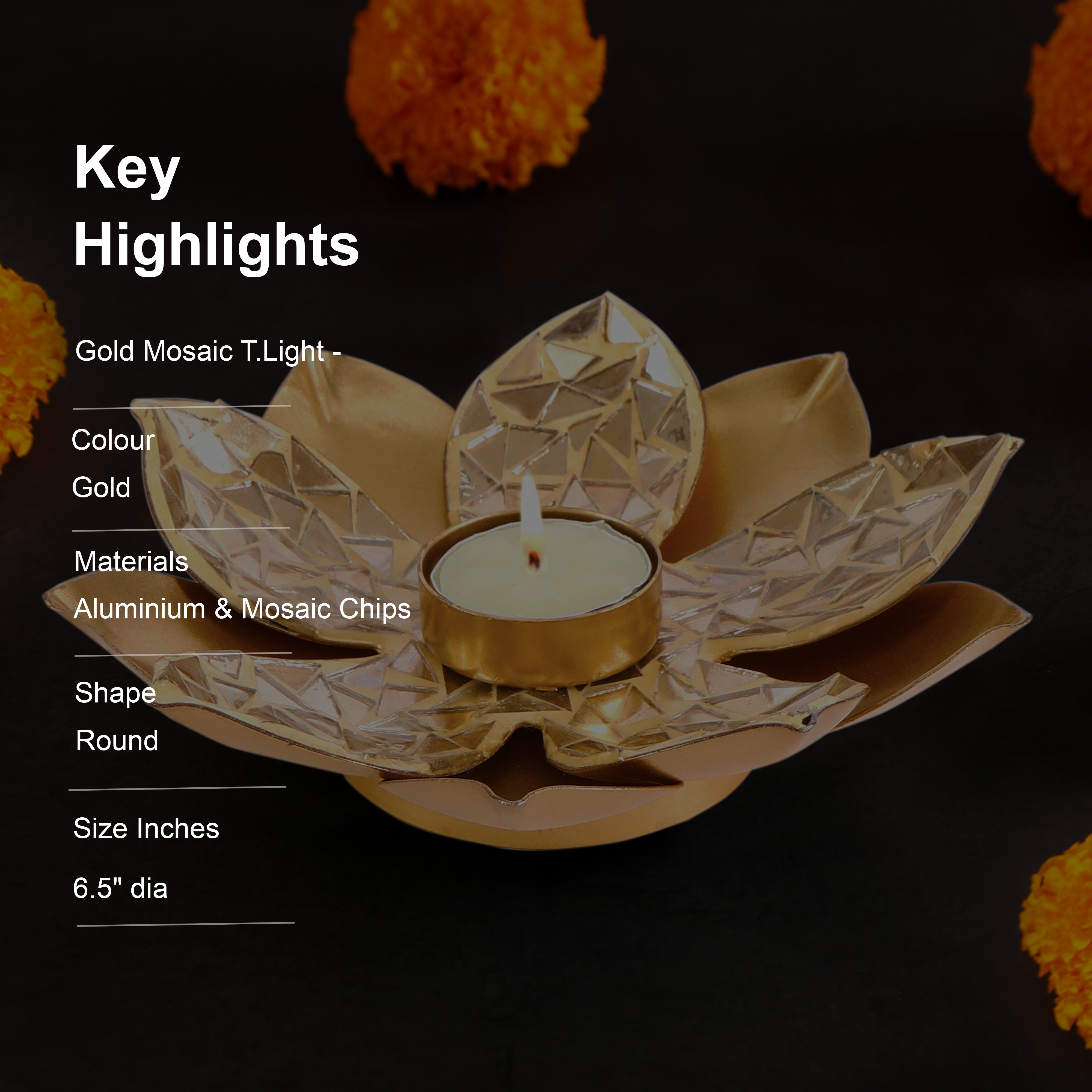 Gold Metal & Mosaic Lotus Tea Light