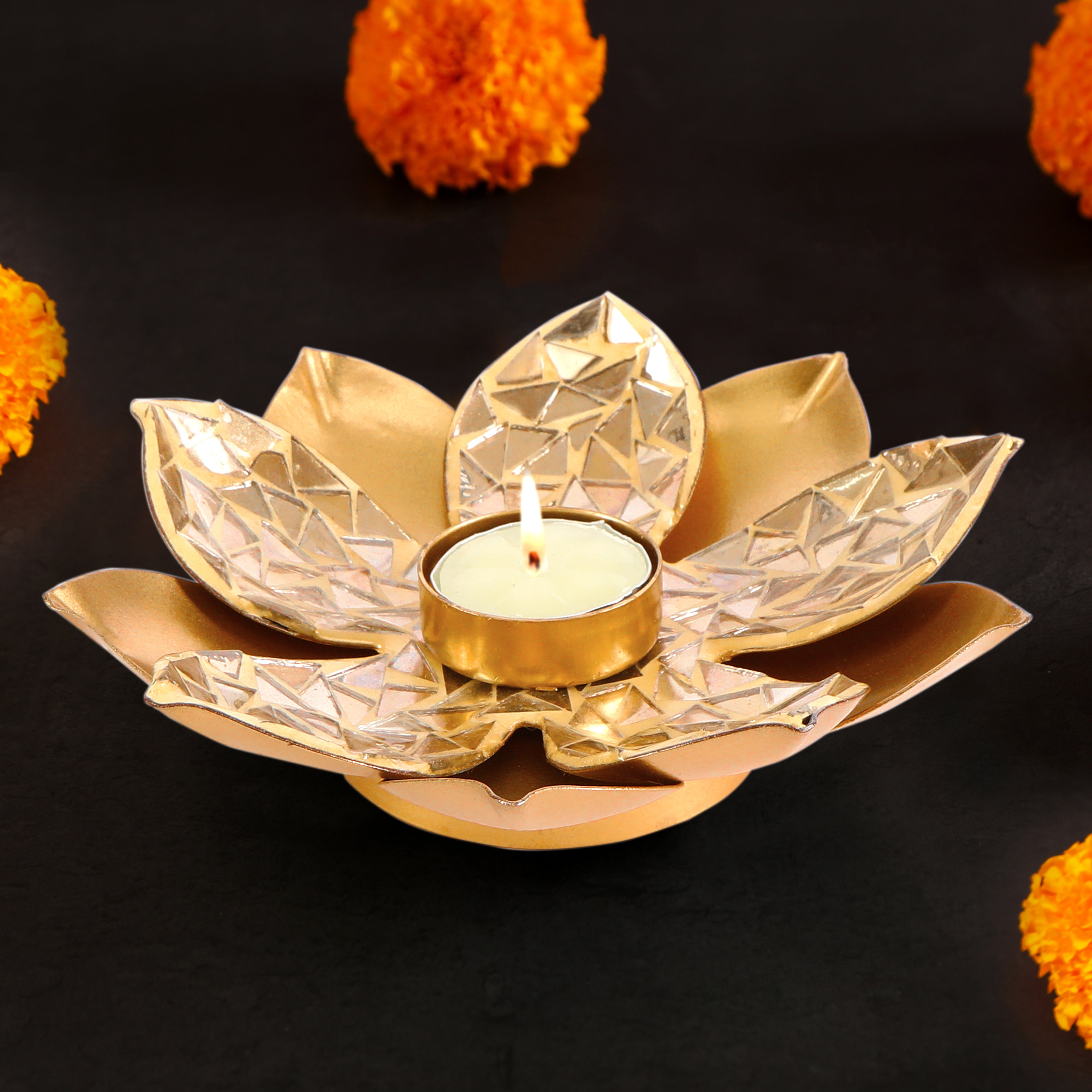 Gold Metal & Mosaic Lotus Tea Light