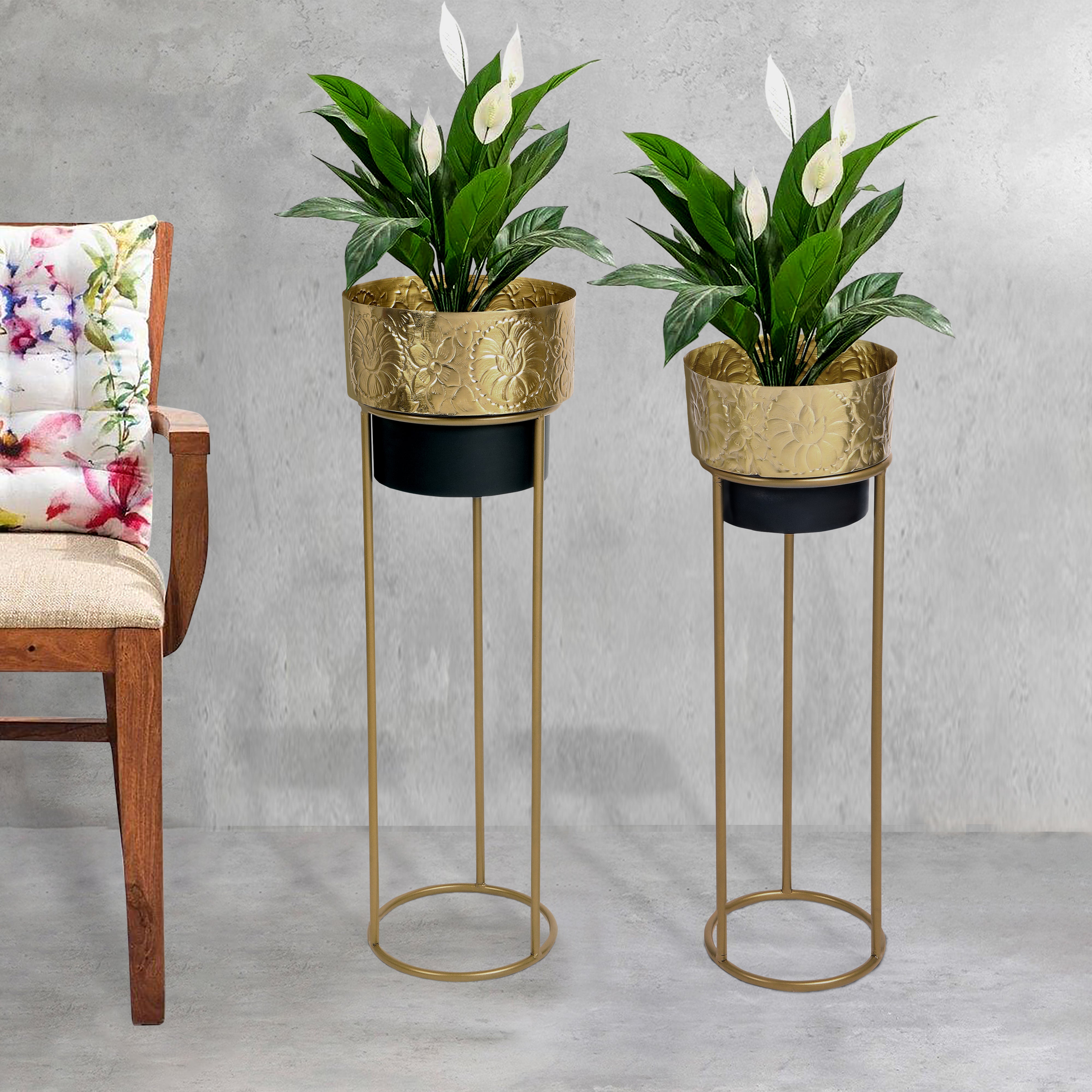 Gold Polish Etched Metal Planter Set of 2