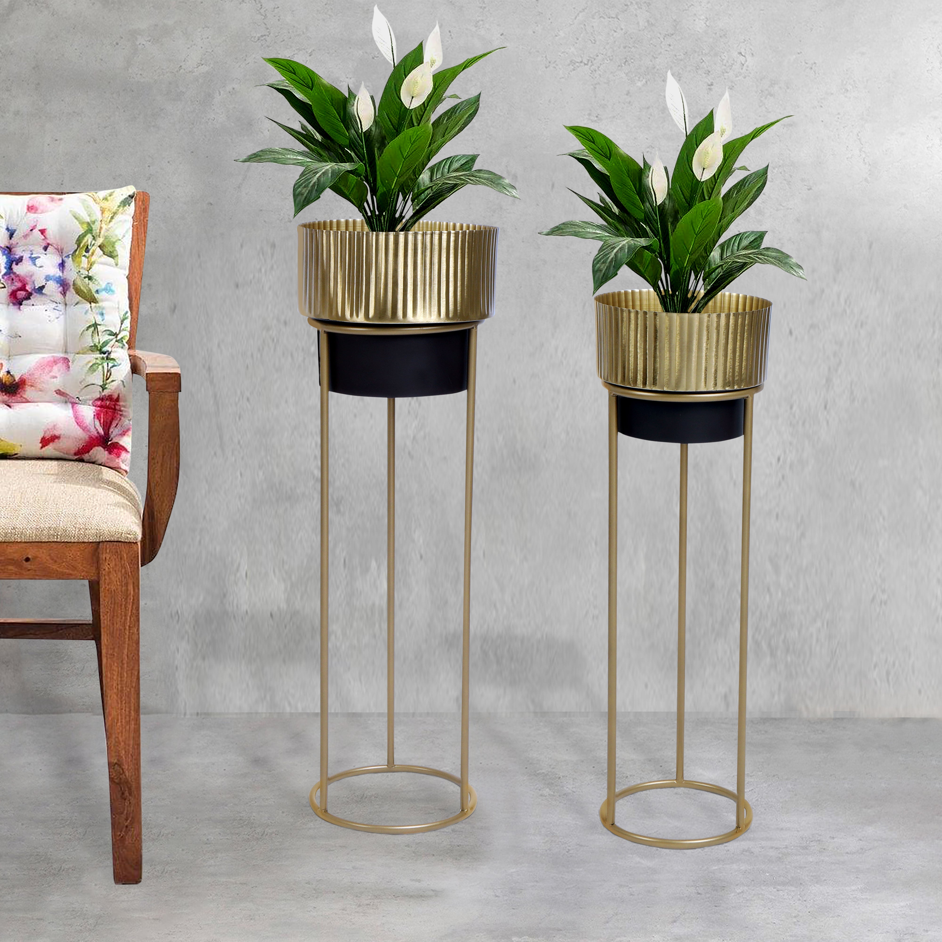 Gold Polish Lined Metal Planter Set of 2