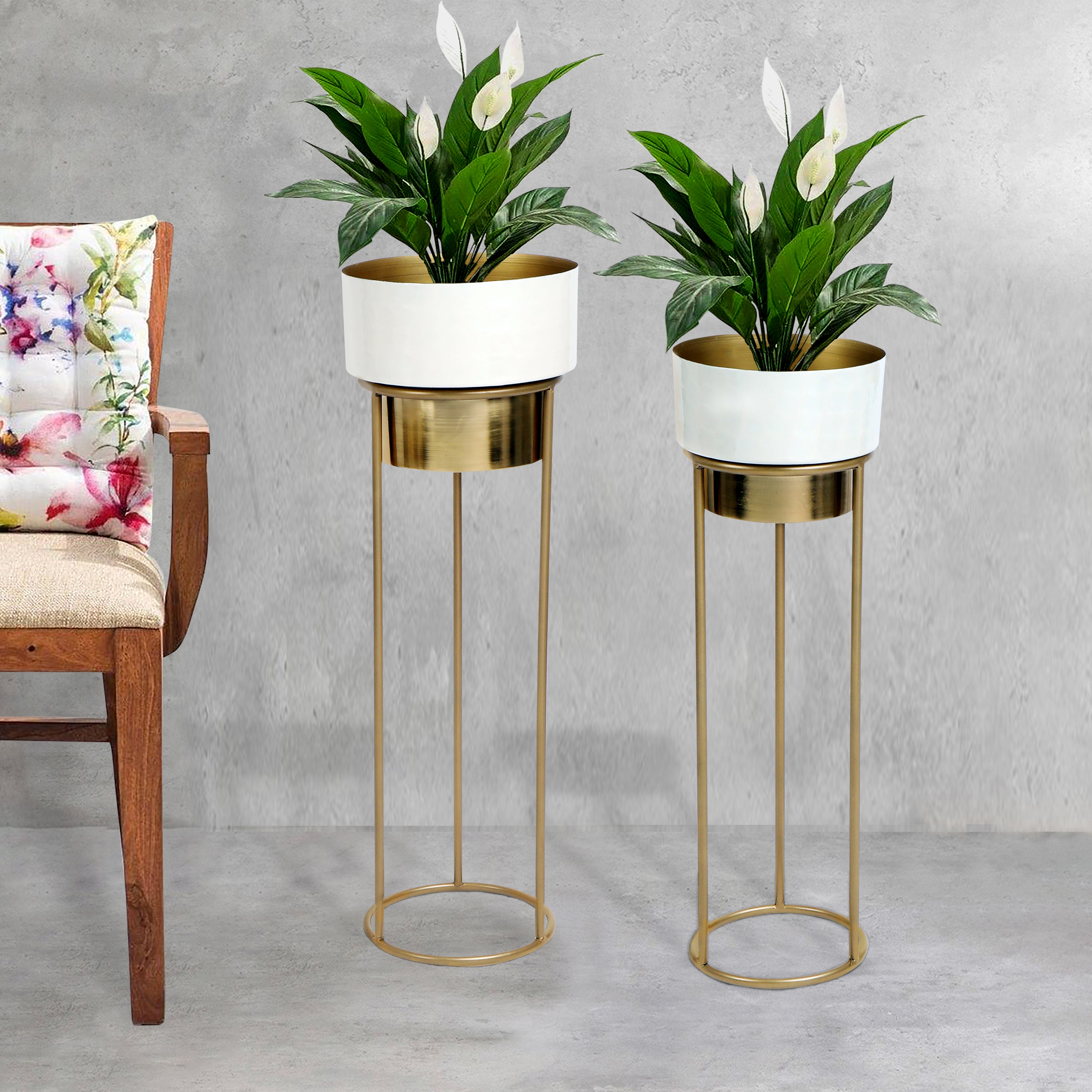 White Enamel & Gold Polish Metal Planter Set of 2