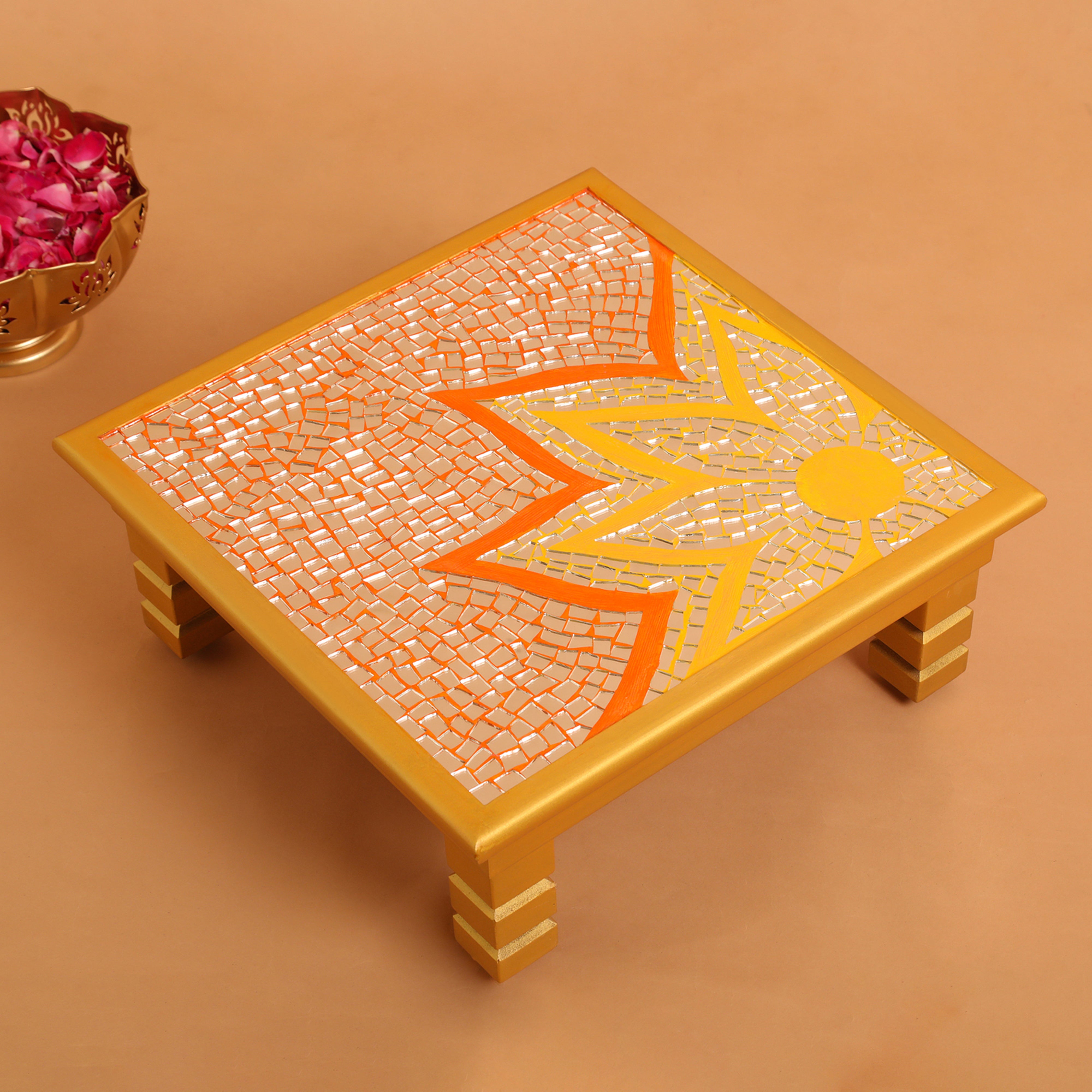 Sunflower Design Mosaic Chips Wooden Chowki 18"