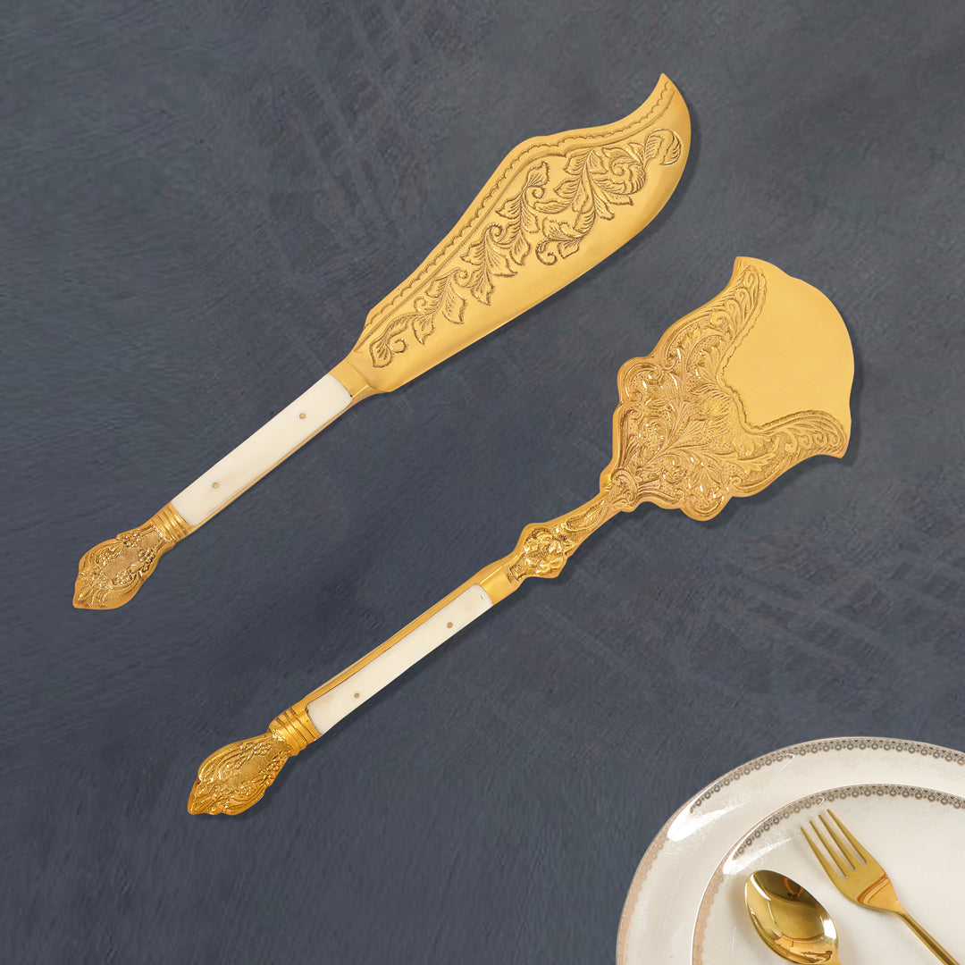 Cake Pastry and Pie Server Set - Cake Cutlery Set of 2 - Ivory and Gold - THE HOME CO. 1
