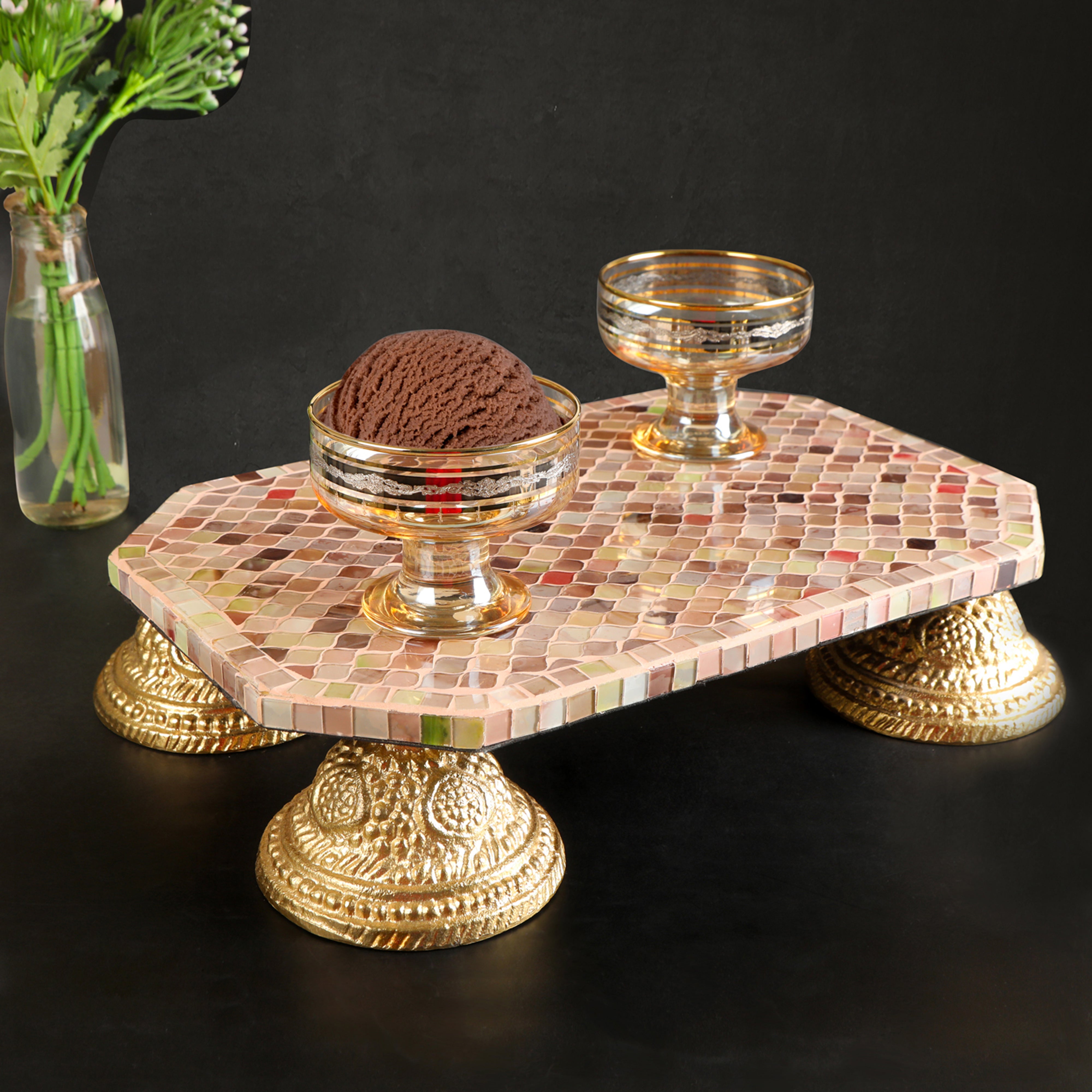 Mosaic Chips Wooden Chowki With Metal Legs