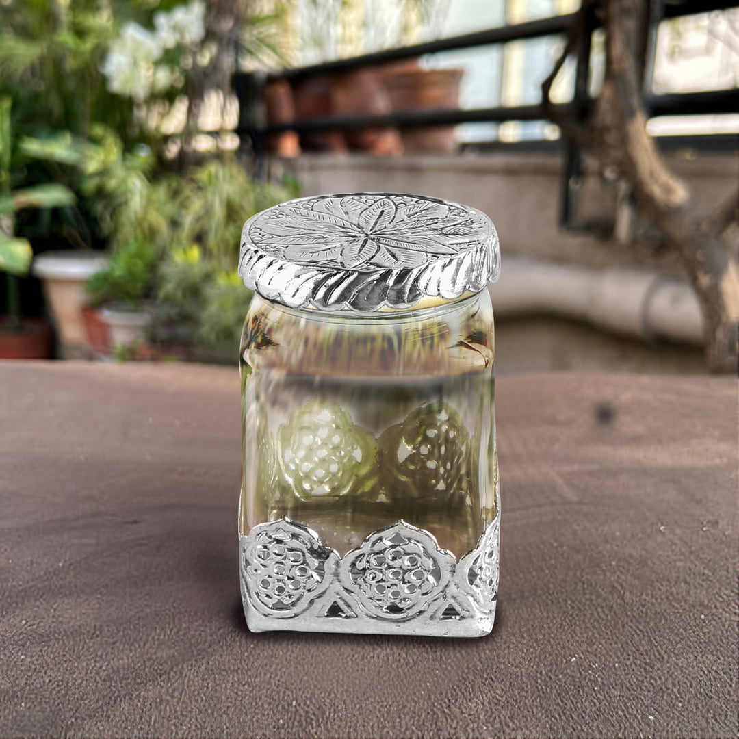 Glass Jar - German Silver Cover - Square Glass Jar  (Small) 1- The Home Co.
