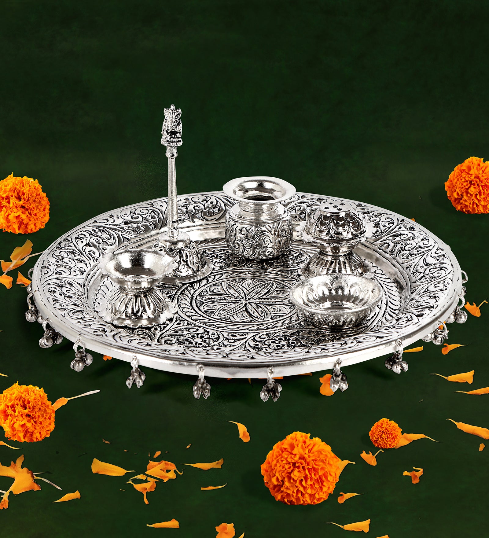 Puja Thali Set - Floral and Ghungroo - German Silver