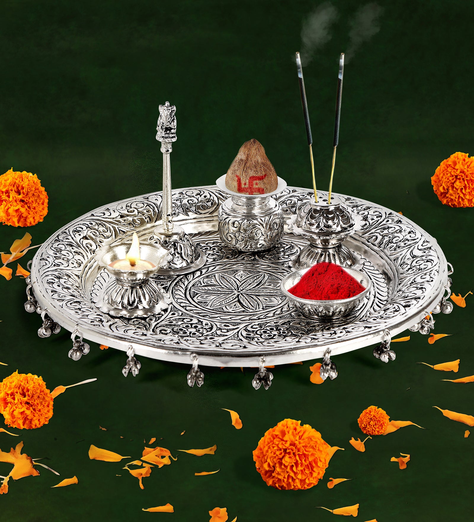Puja Thali Set - Floral and Ghungroo - German Silver