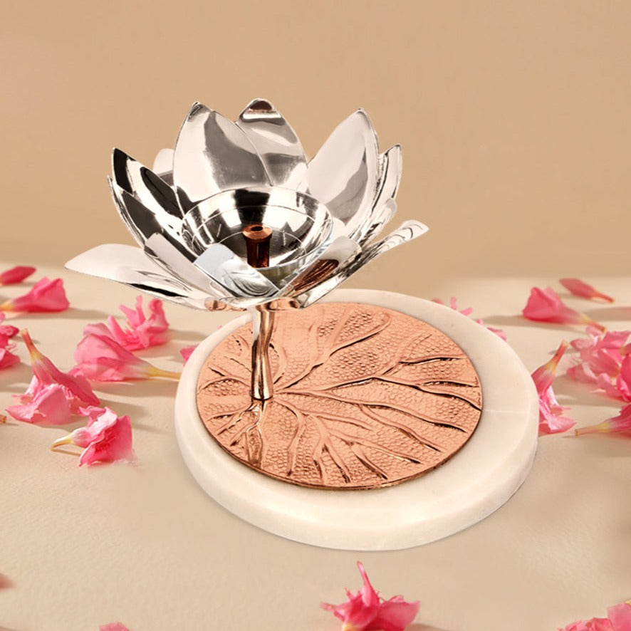 Tea Light Candle Stand - Lotus Diya Copper With Marble Base Candle Stand 1- The Home Co.