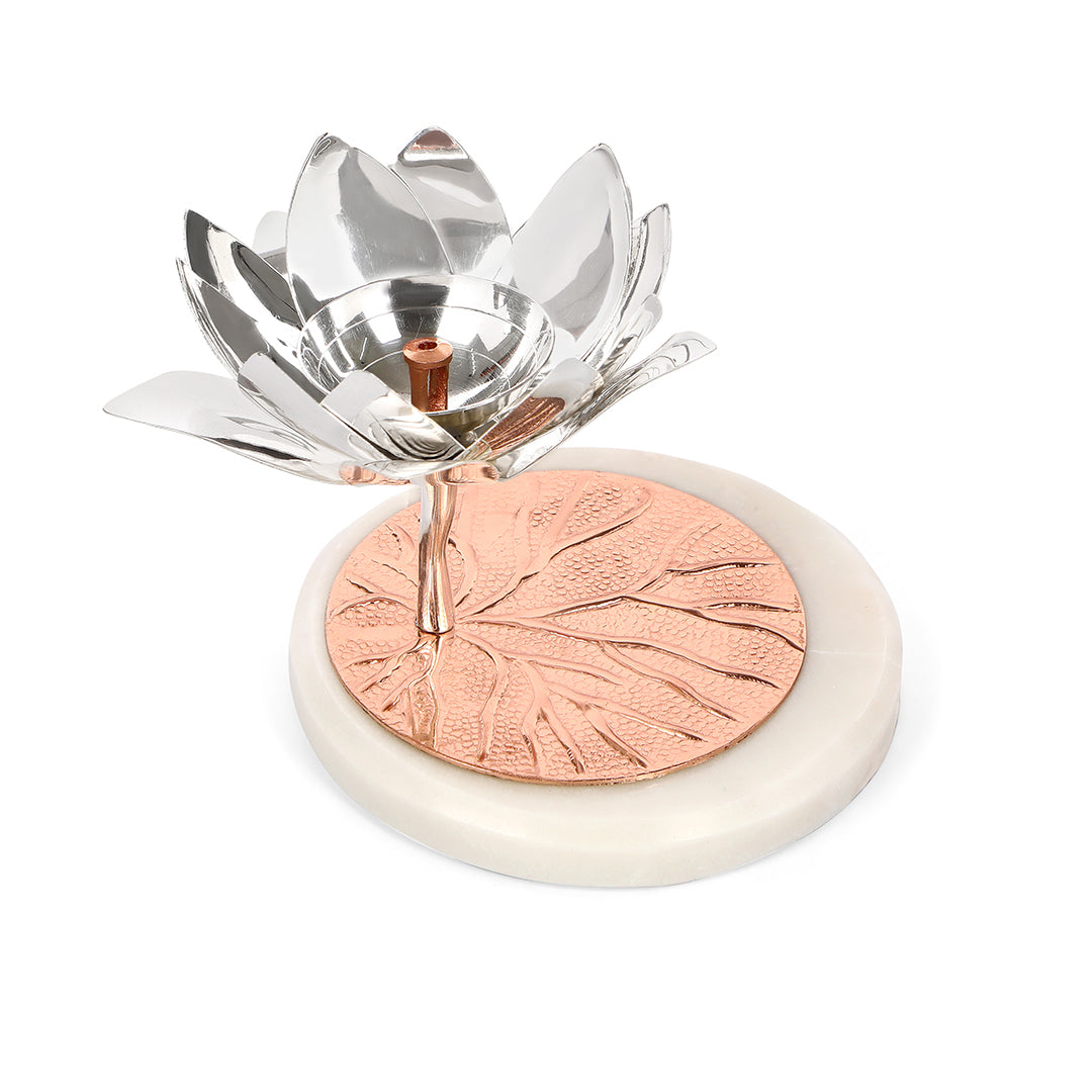 Tea Light Candle Stand - Lotus Diya Copper With Marble Base Candle Stand 4- The Home Co.