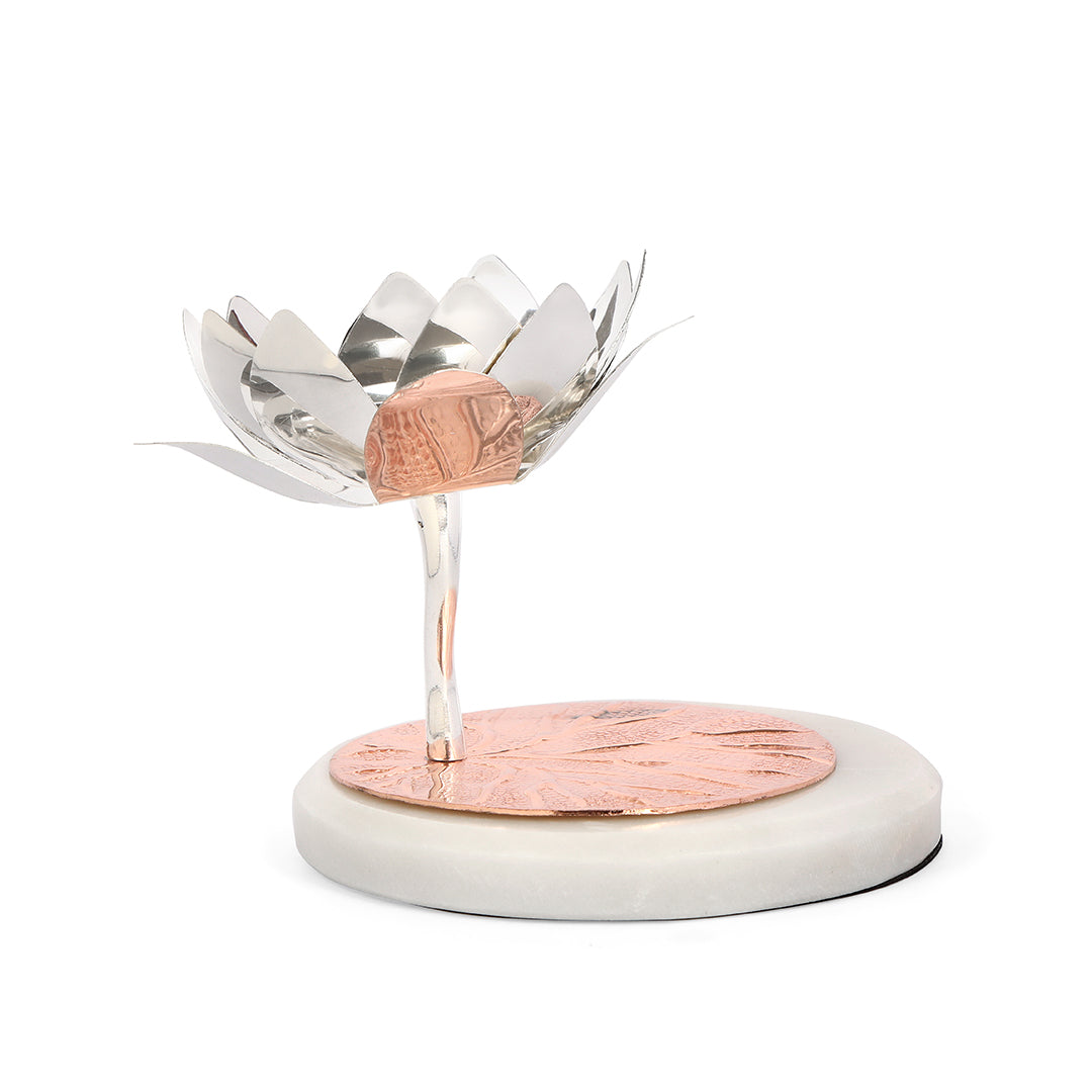 Tea Light Candle Stand - Lotus Diya Copper With Marble Base Candle Stand 9- The Home Co.