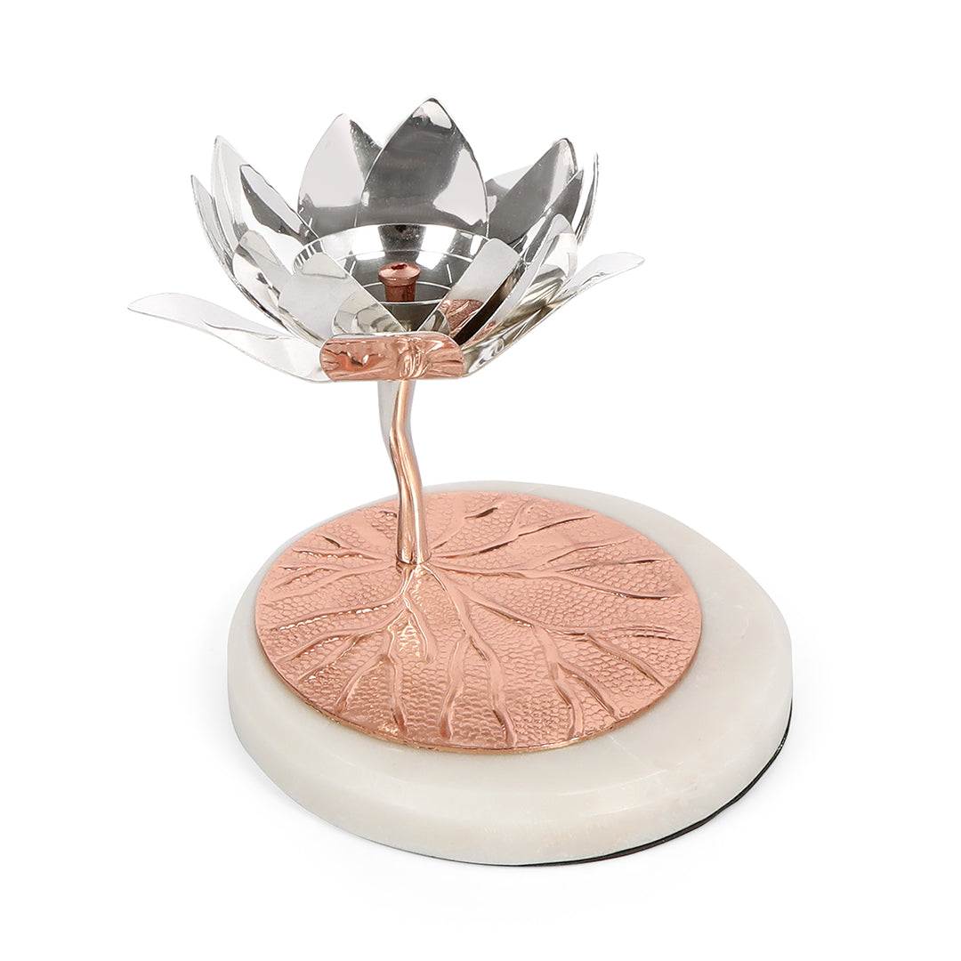 Tea Light Candle Stand - Lotus Diya Copper With Marble Base Candle Stand 8- The Home Co.