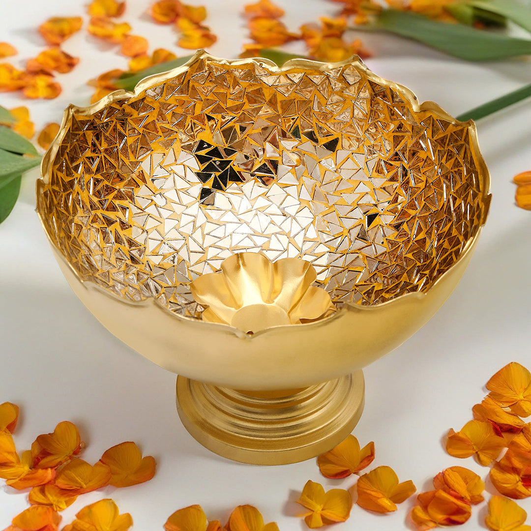 Gold Mosaic Metal Urli With Base 10" - medium