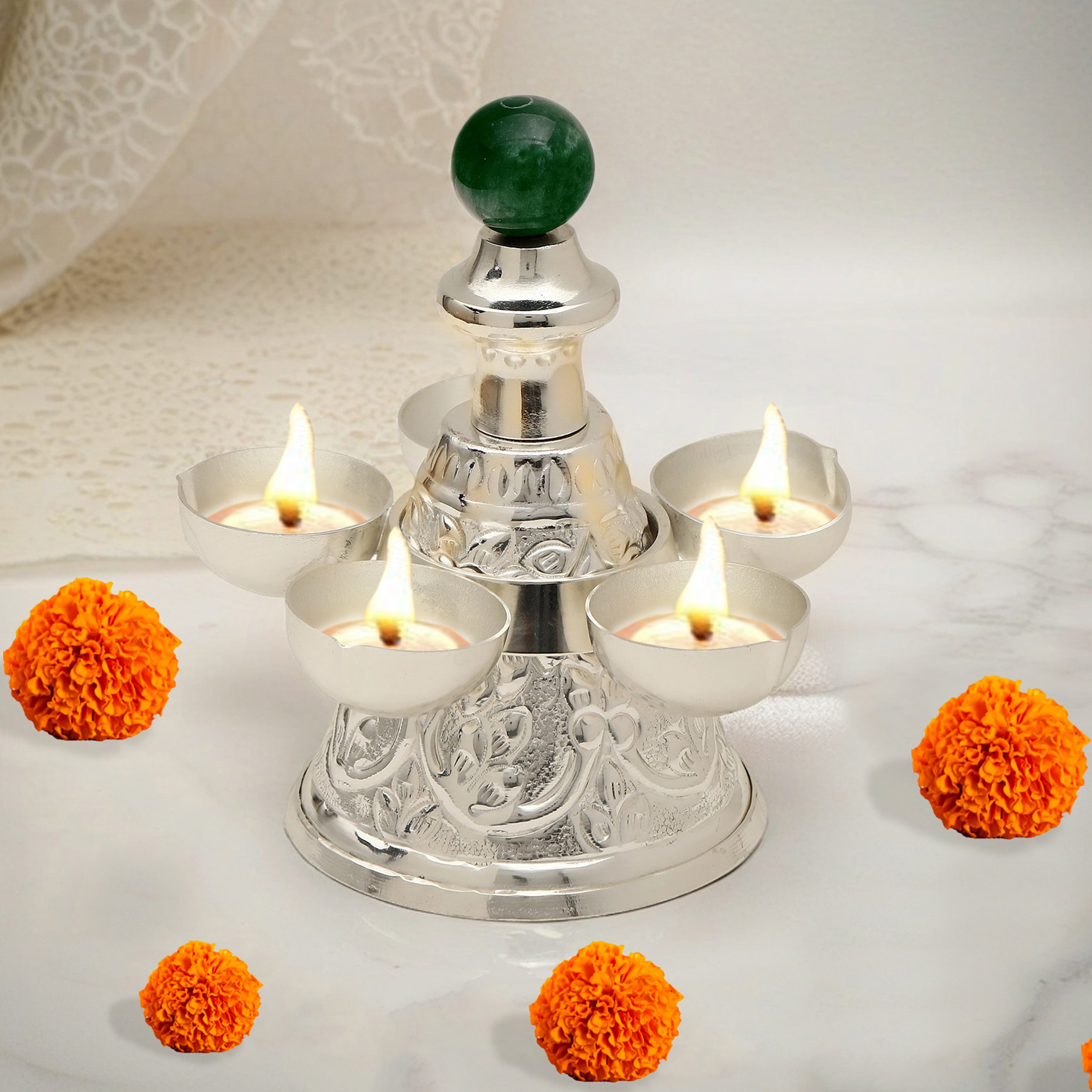 Brass Silver Plated Panchmukhi Diya