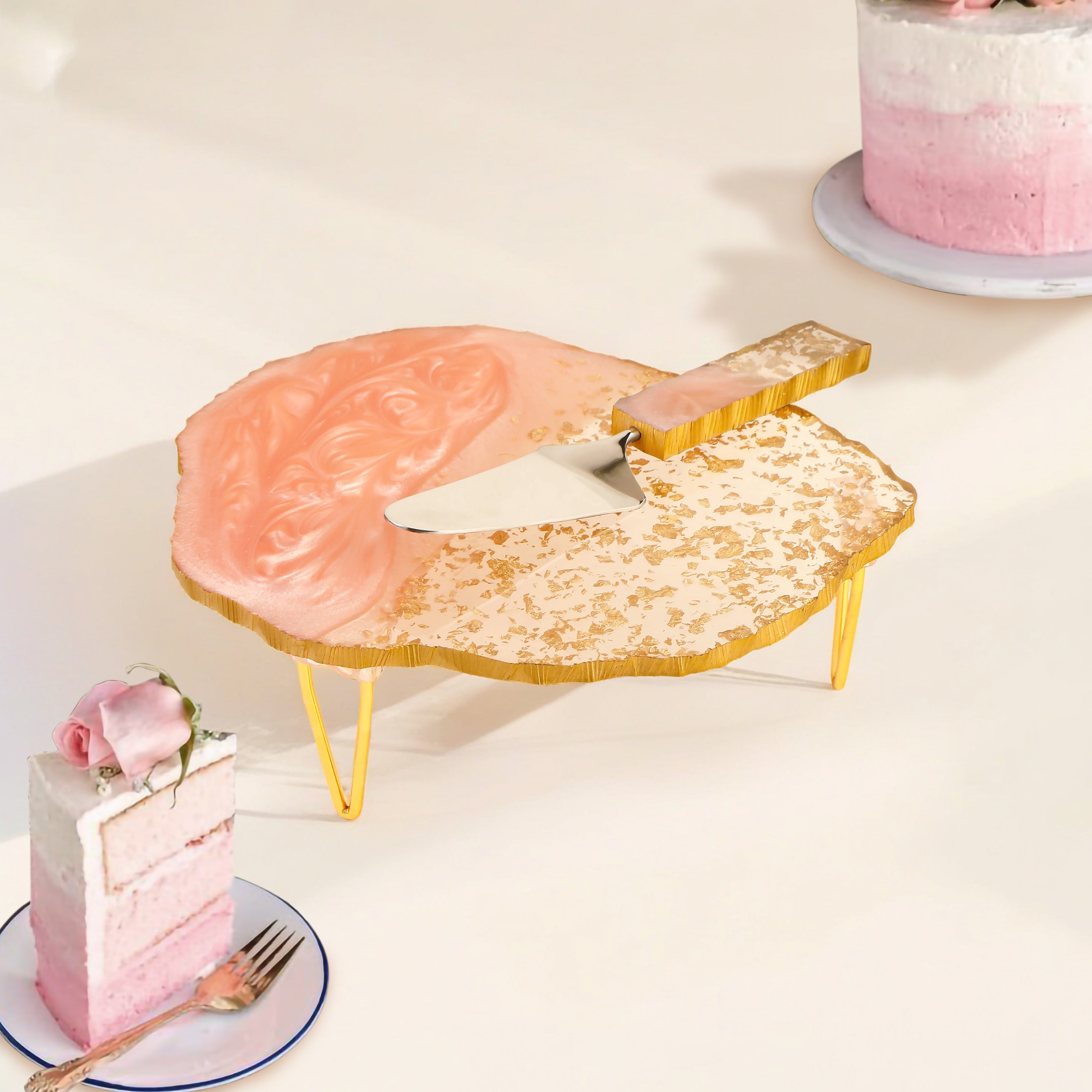 Pink & Gold 2 Tone Resin Cake Stand With Picker