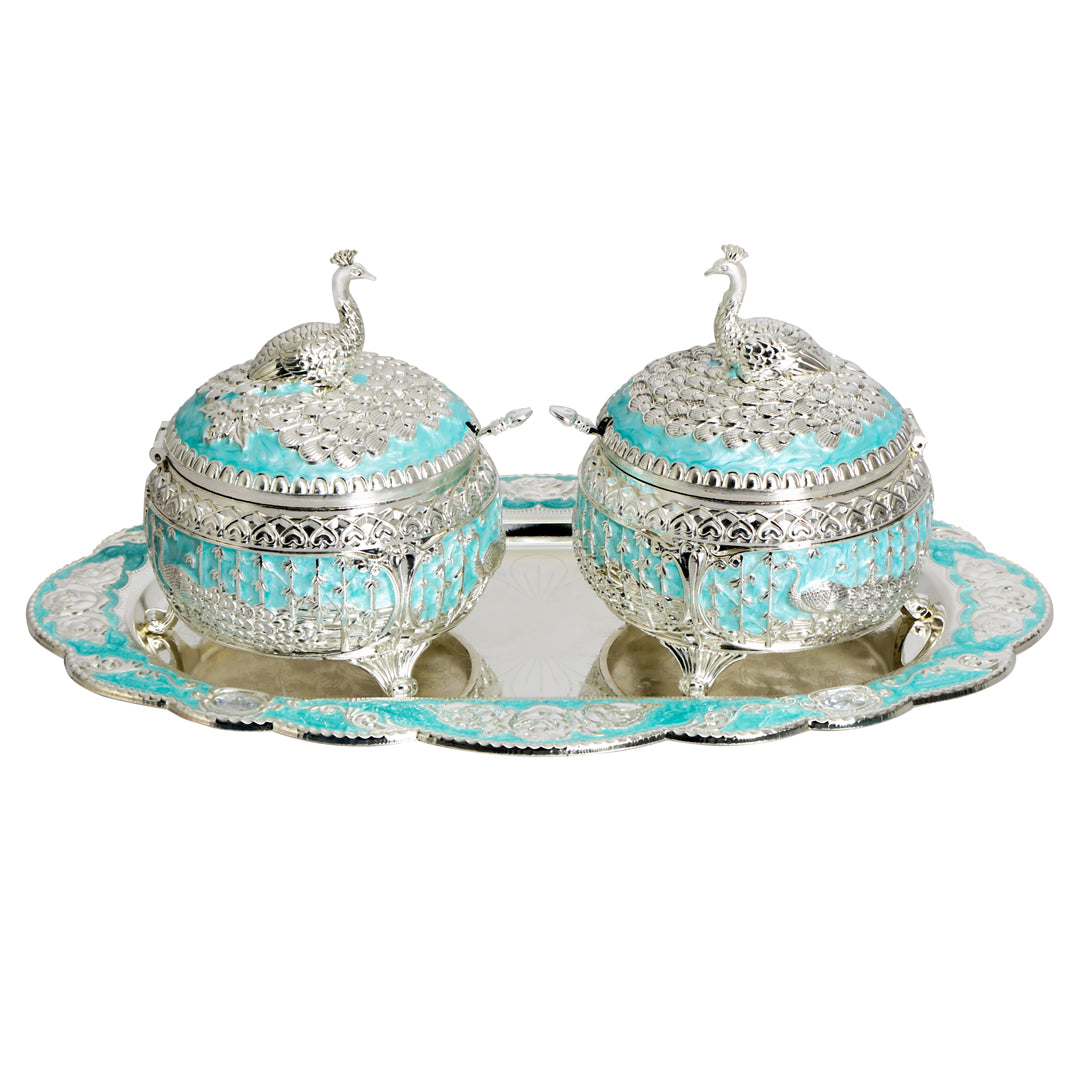 Peacock Jar Set with Tray - White Metal Blue Jar Set