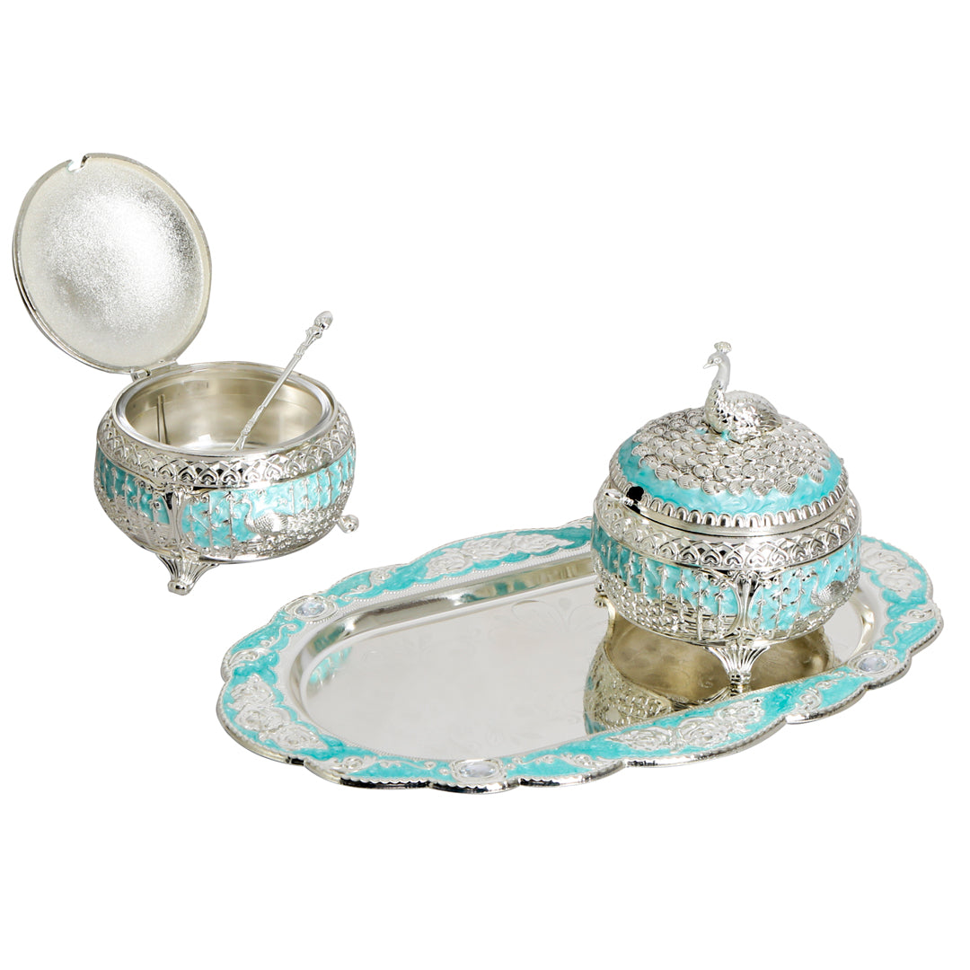 Peacock Jar Set with Tray - White Metal Blue Jar Set