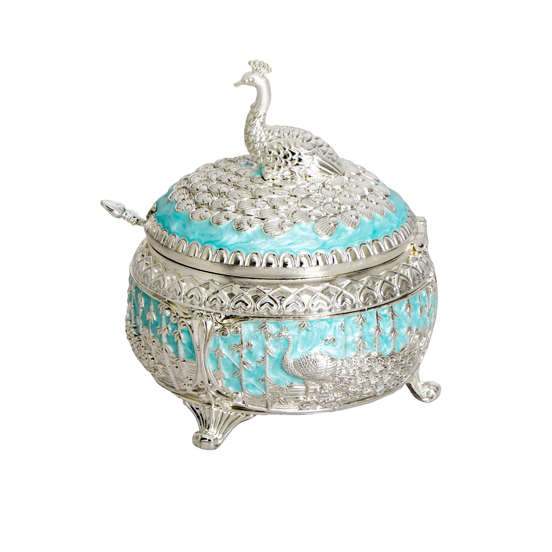 Peacock Jar Set with Tray - White Metal Blue Jar Set