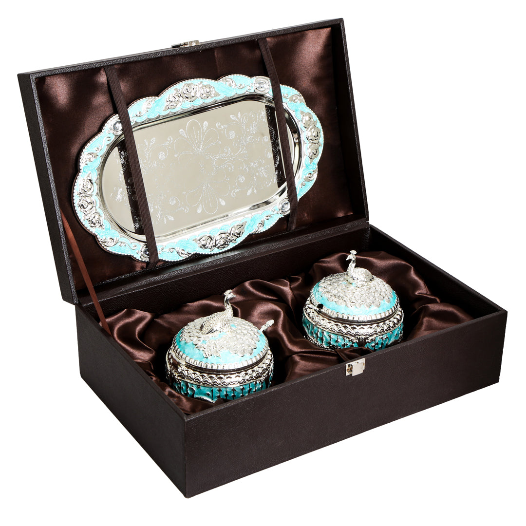 Peacock Jar Set with Tray - White Metal Blue Jar Set