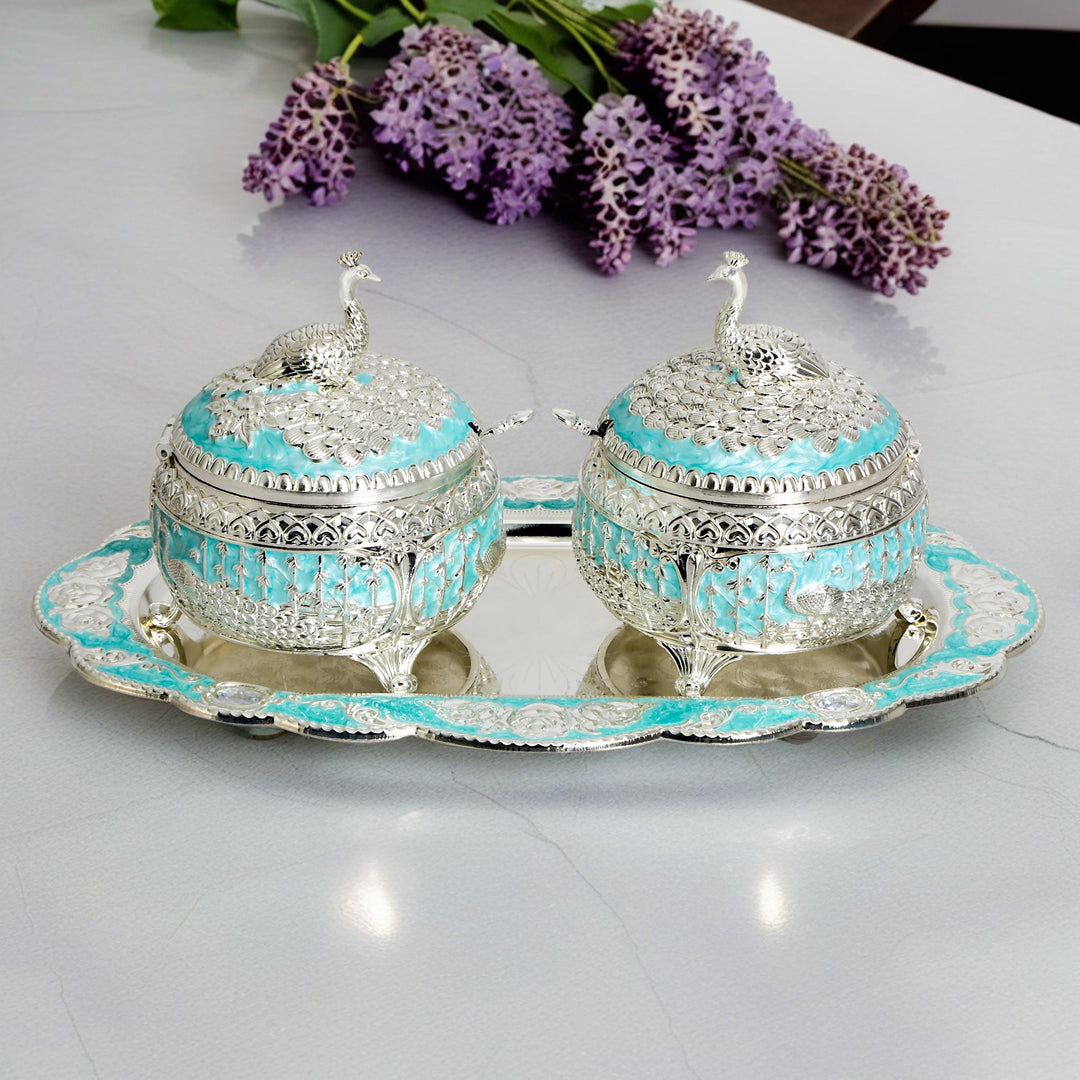 Peacock Jar Set with Tray - White Metal Blue Jar Set