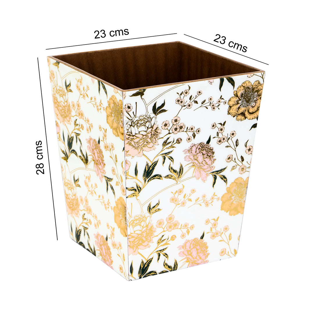 Dustbin -  White Flower Pattern Enamel - Wooden Dustbin