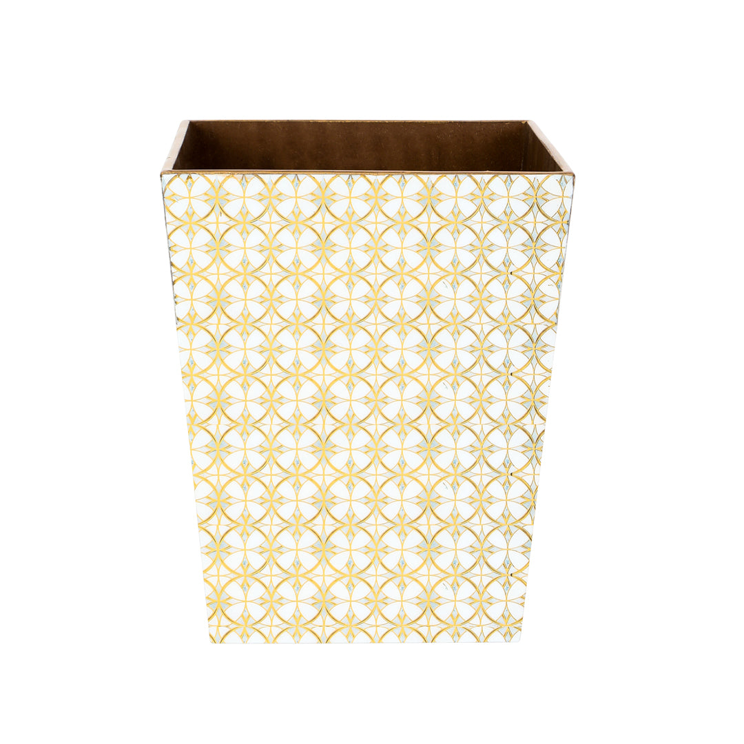 Dustbin -  Gold Circle Pattern Enamel - Wooden Dustbin