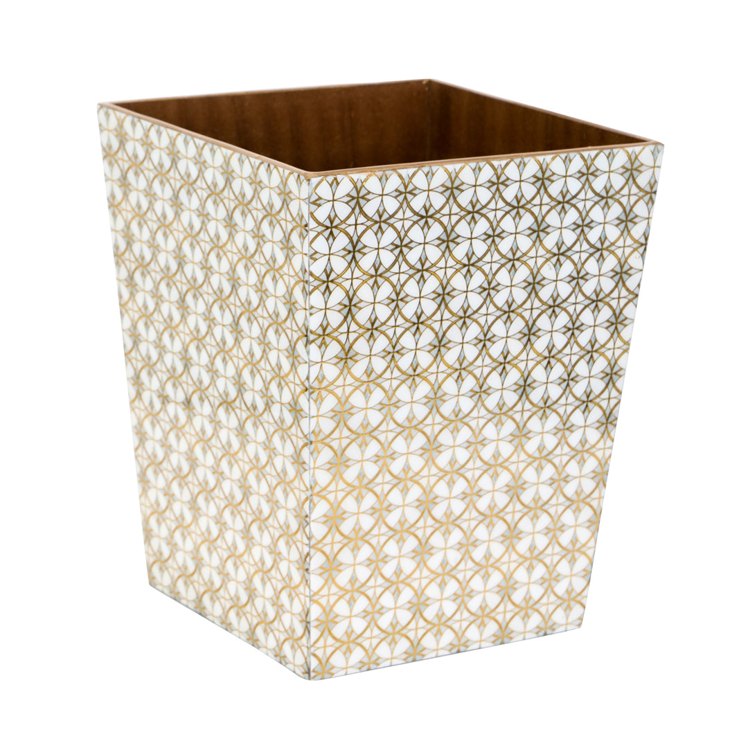 Dustbin -  Gold Circle Pattern Enamel - Wooden Dustbin