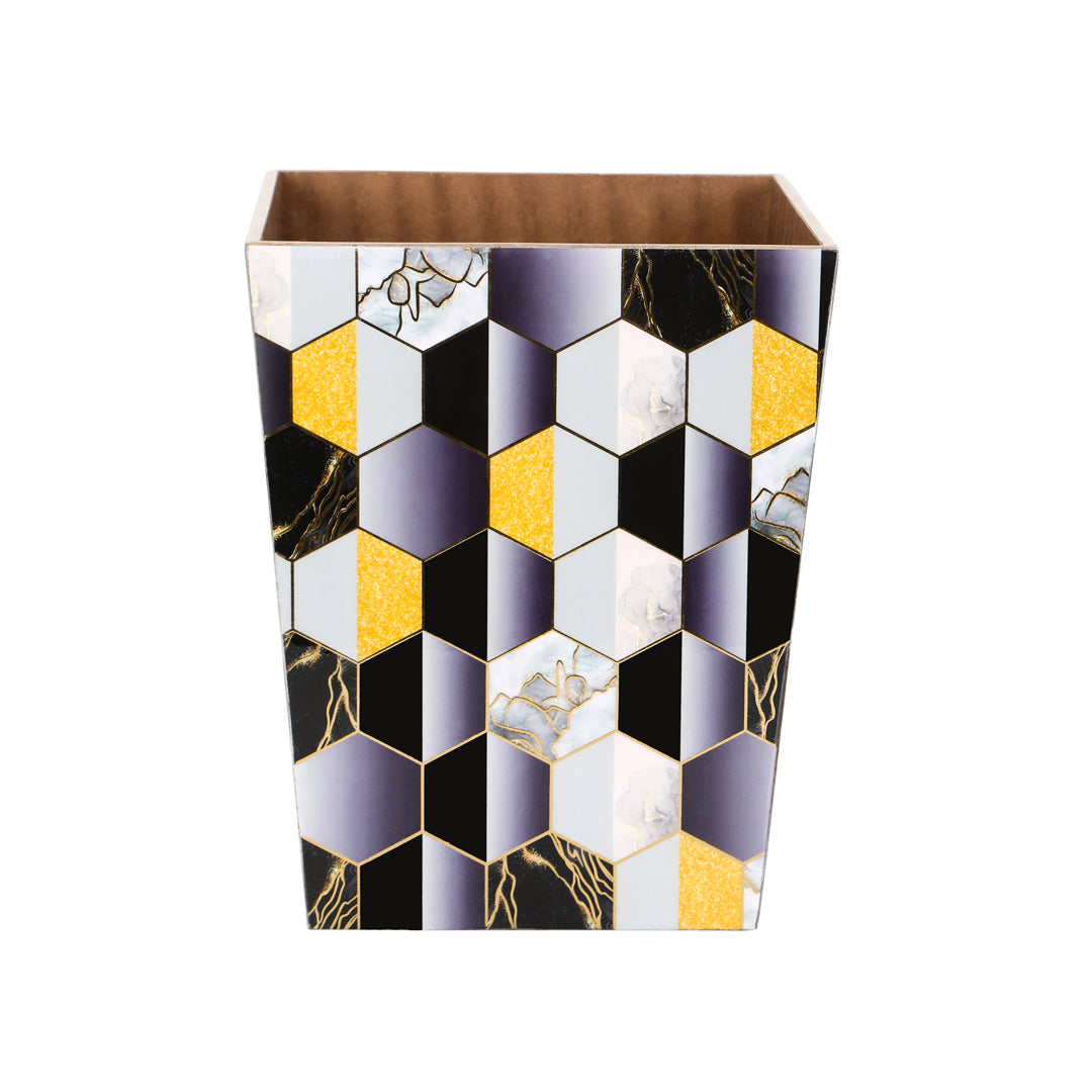 Dustbin -  Black Hexagon Pattern Enamel - Wooden Dustbin