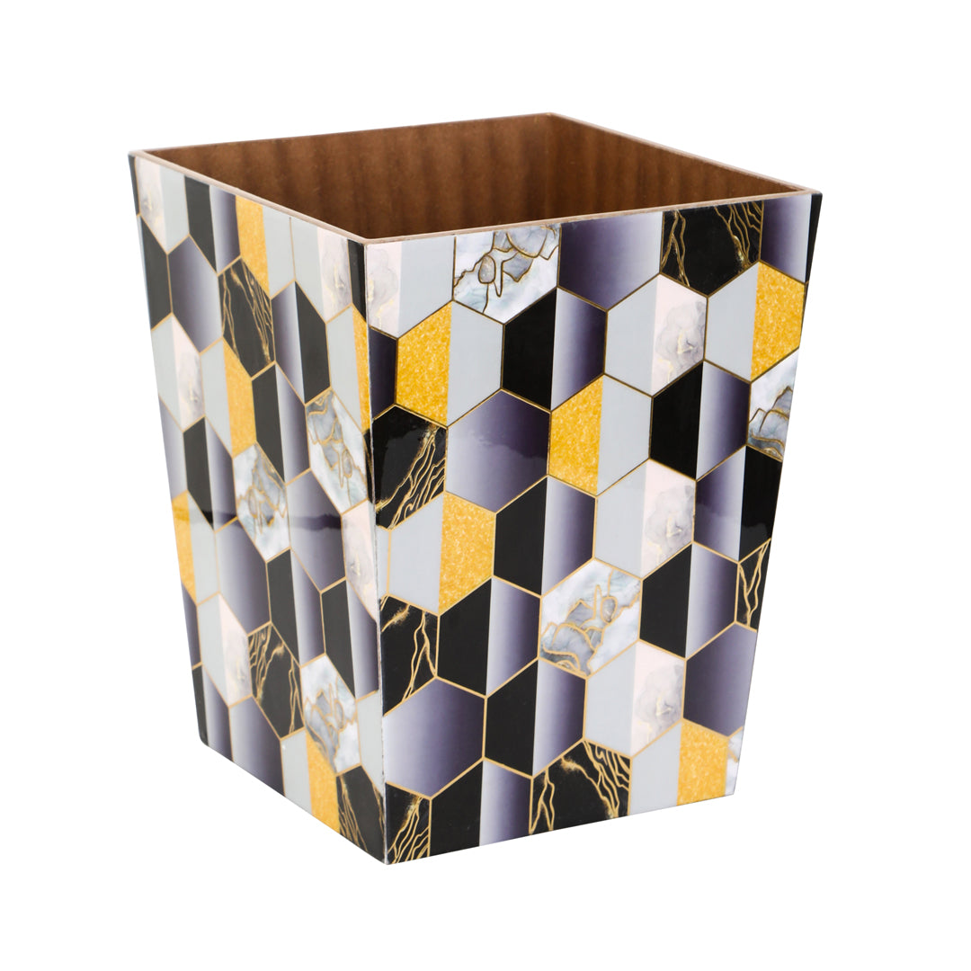 Dustbin -  Black Hexagon Pattern Enamel - Wooden Dustbin