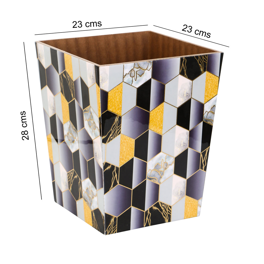 Dustbin -  Black Hexagon Pattern Enamel - Wooden Dustbin