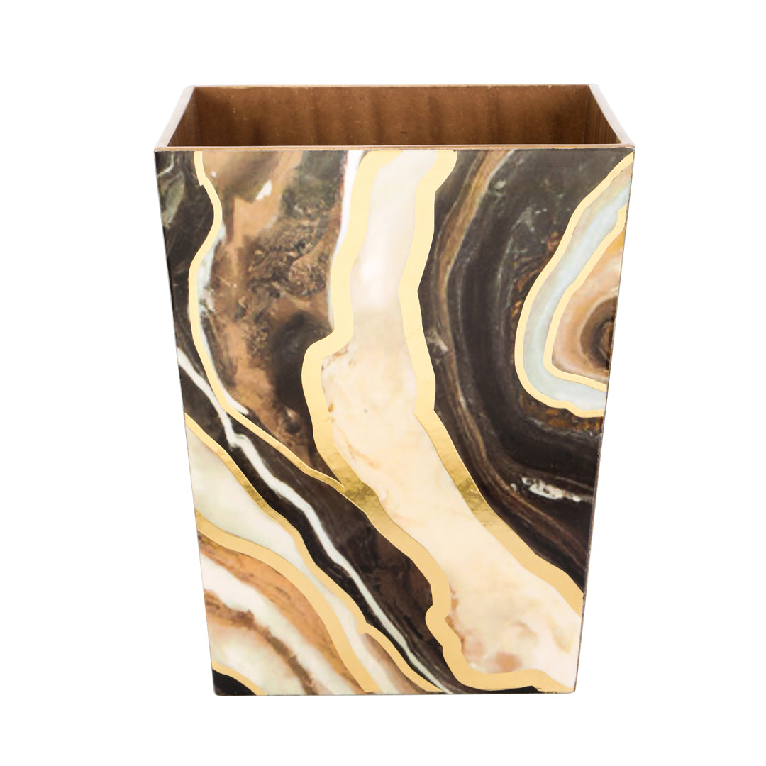 Dustbin -  Brown Marble Pattern Enamel - Wooden Dustbin