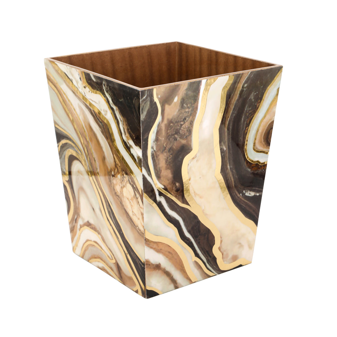 Dustbin -  Brown Marble Pattern Enamel - Wooden Dustbin