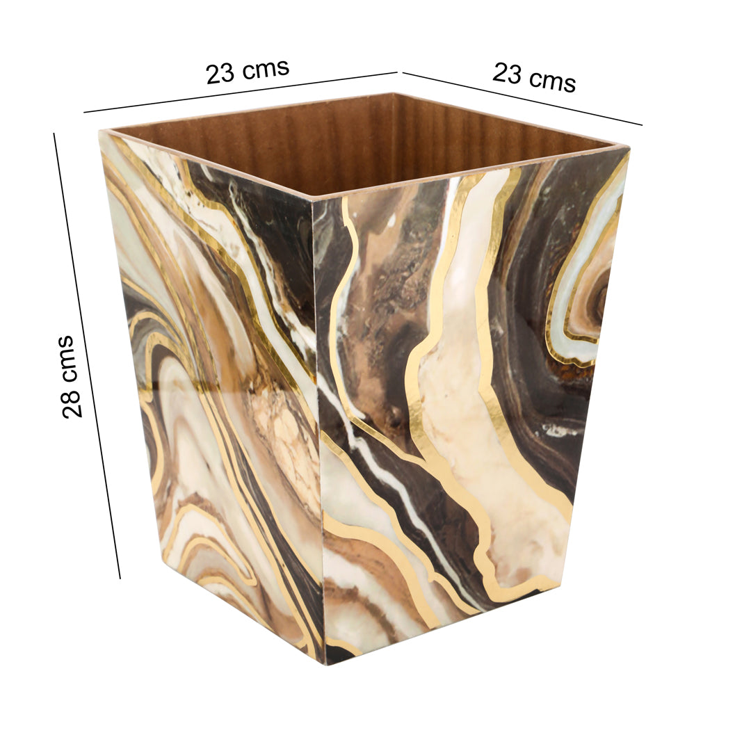 Dustbin -  Brown Marble Pattern Enamel - Wooden Dustbin