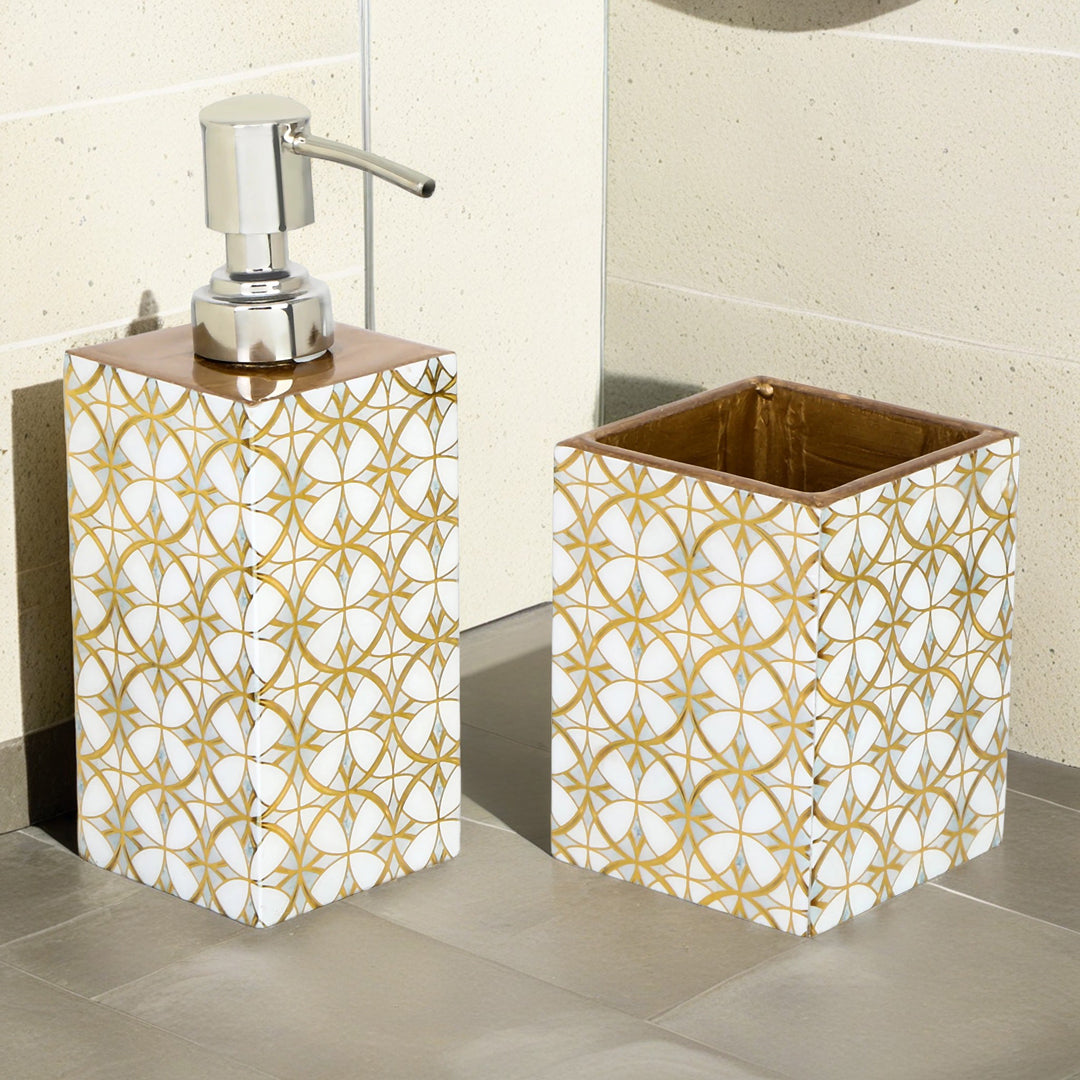 White & Gold Abstract Print Enameled Wooden Bath Set of Dispenser & Tumbler Set of 2