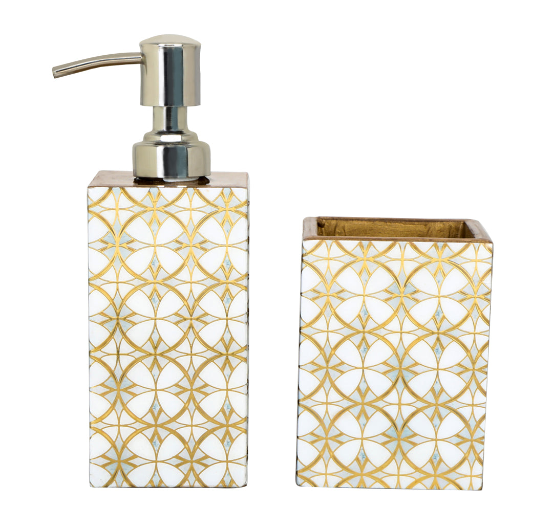 White & Gold Abstract Print Enameled Wooden Bath Set of Dispenser & Tumbler Set of 2