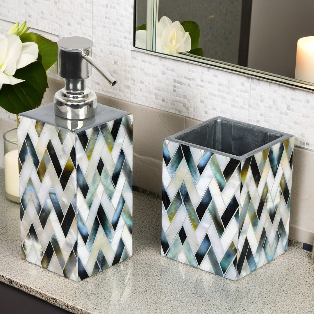 Chevron Print Enameled Wooden Bath Set of Dispenser & Tumbler Set of 2