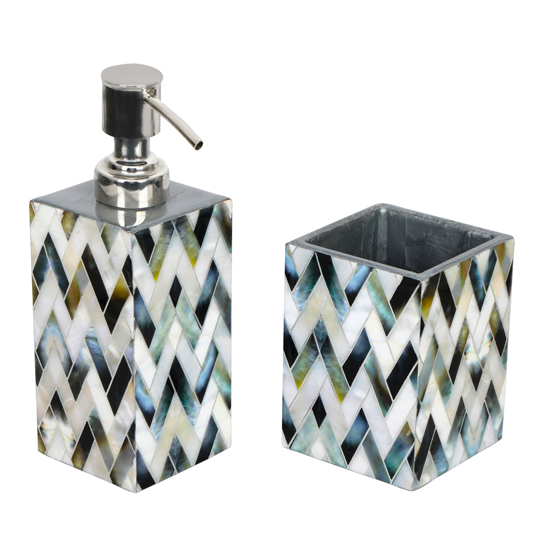 Chevron Print Enameled Wooden Bath Set of Dispenser & Tumbler Set of 2