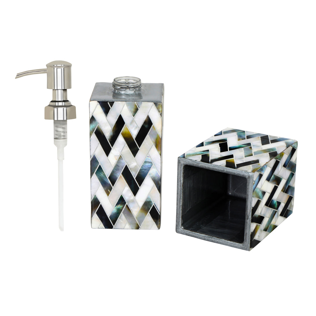 Chevron Print Enameled Wooden Bath Set of Dispenser & Tumbler Set of 2