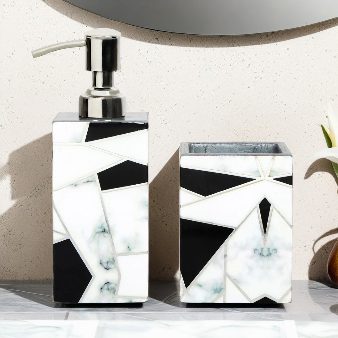 Grey White Triangle Abstract Print Enameled Wooden Bath Set of Dispenser & Tumbler Set of 2