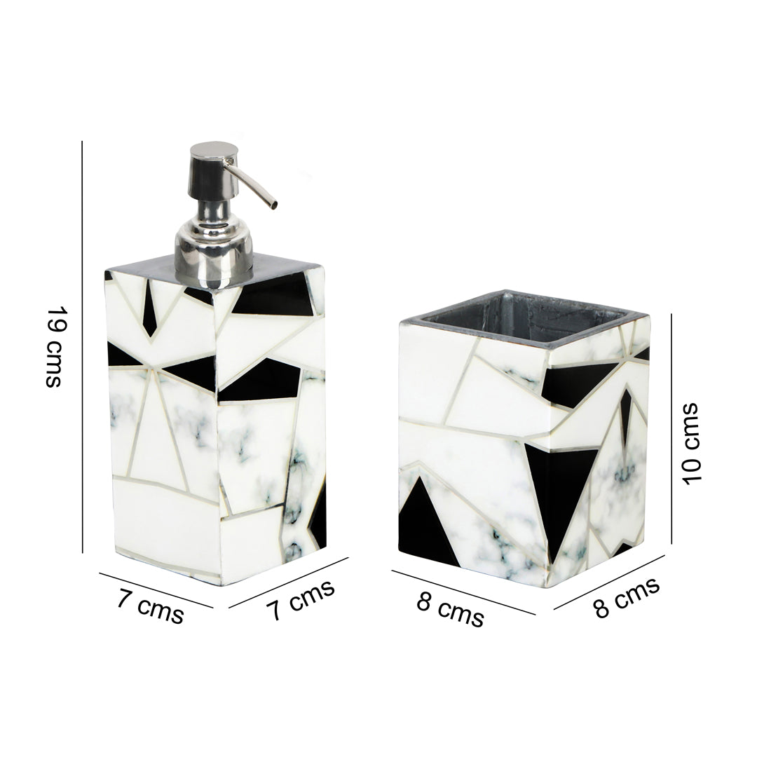 Grey White Triangle Abstract Print Enameled Wooden Bath Set of Dispenser & Tumbler Set of 2