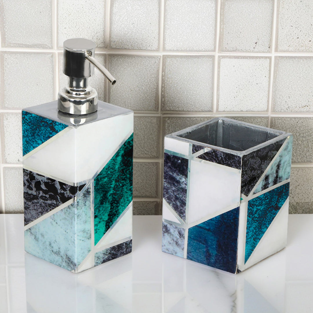 New Mosaic Abstract Print Enameled Wooden Bath Set of Dispenser & Tumbler Set of 2