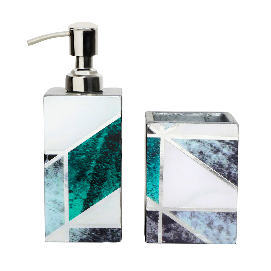 New Mosaic Abstract Print Enameled Wooden Bath Set of Dispenser & Tumbler Set of 2