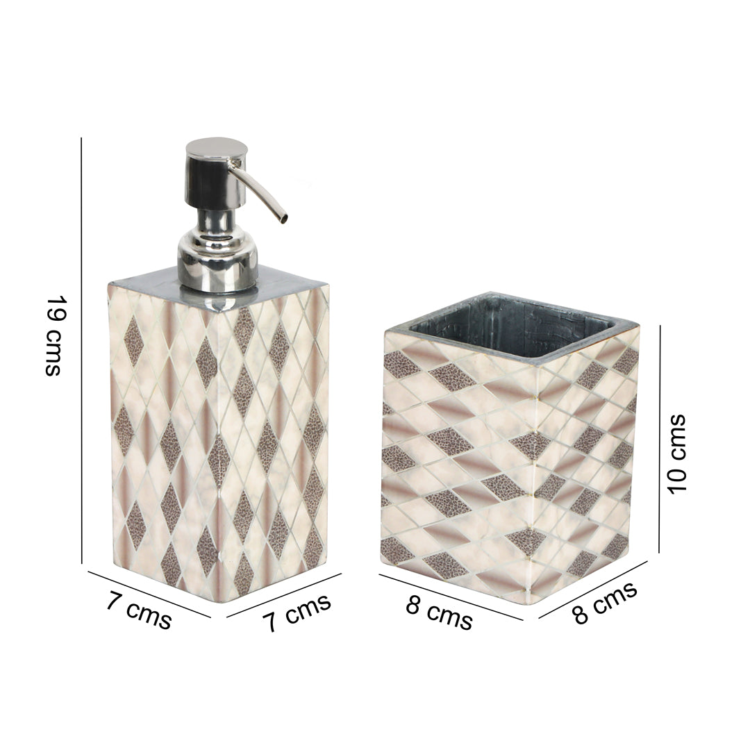 Diamond Print Enameled Wooden Bath Set of Dispenser & Tumbler Set of 2