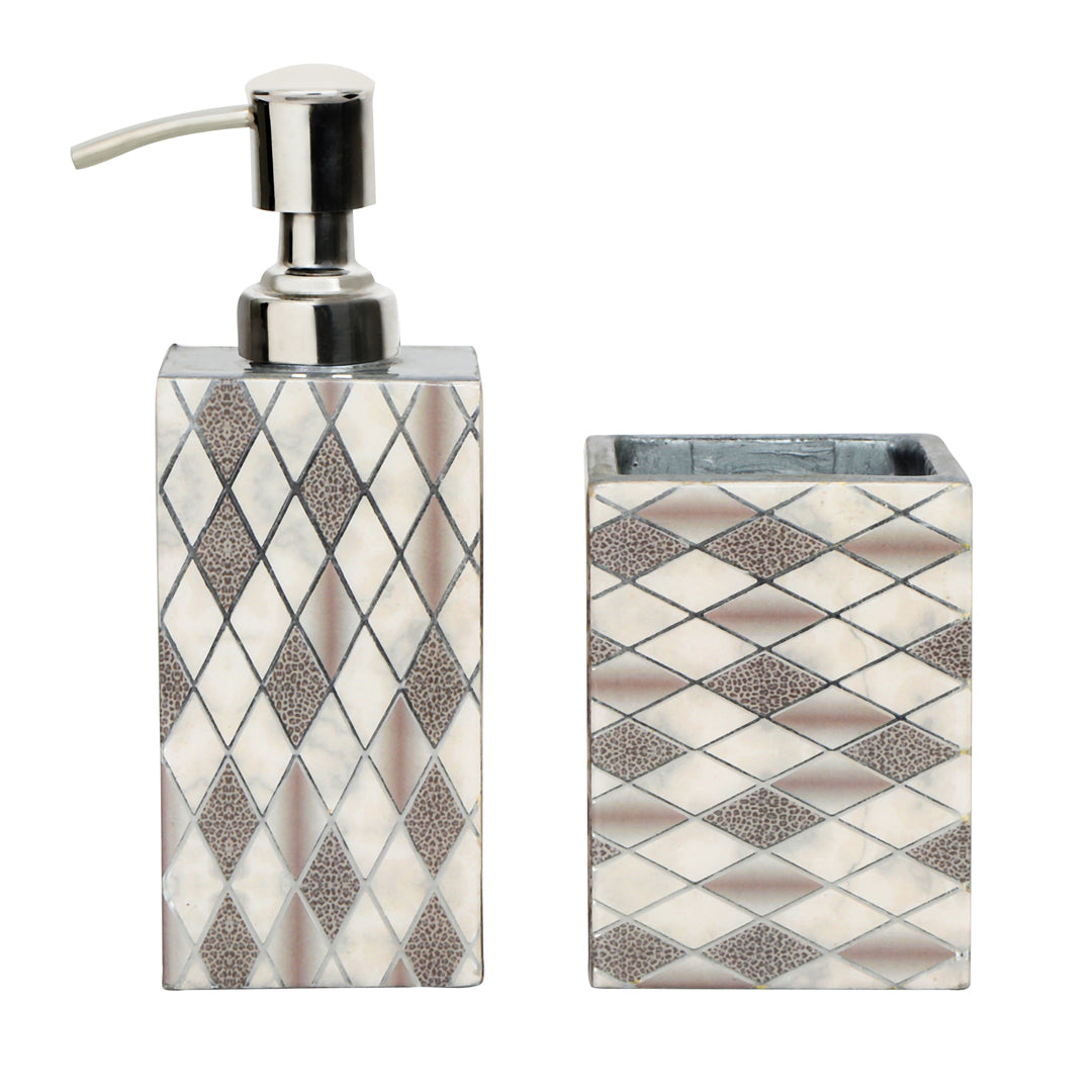 Diamond Print Enameled Wooden Bath Set of Dispenser & Tumbler Set of 2