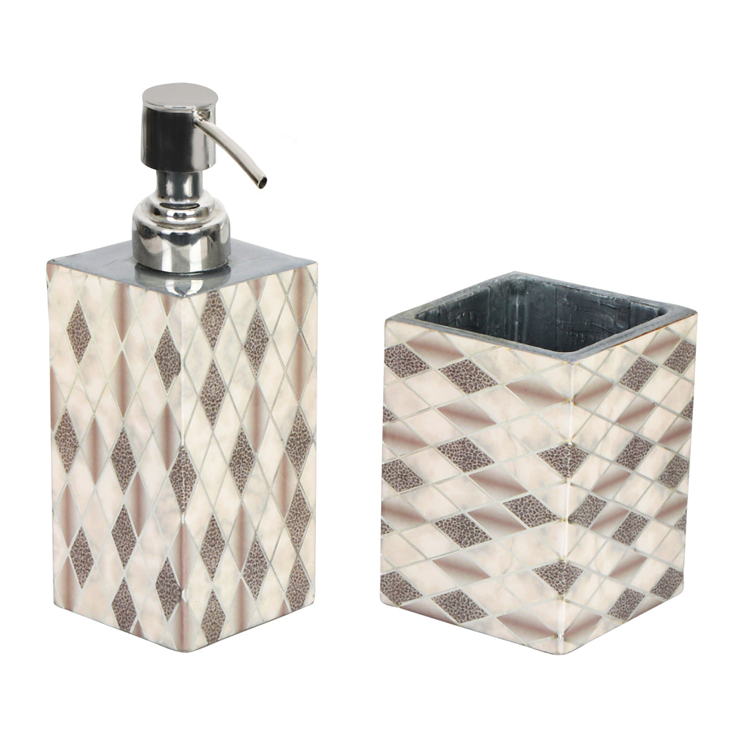 Diamond Print Enameled Wooden Bath Set of Dispenser & Tumbler Set of 2