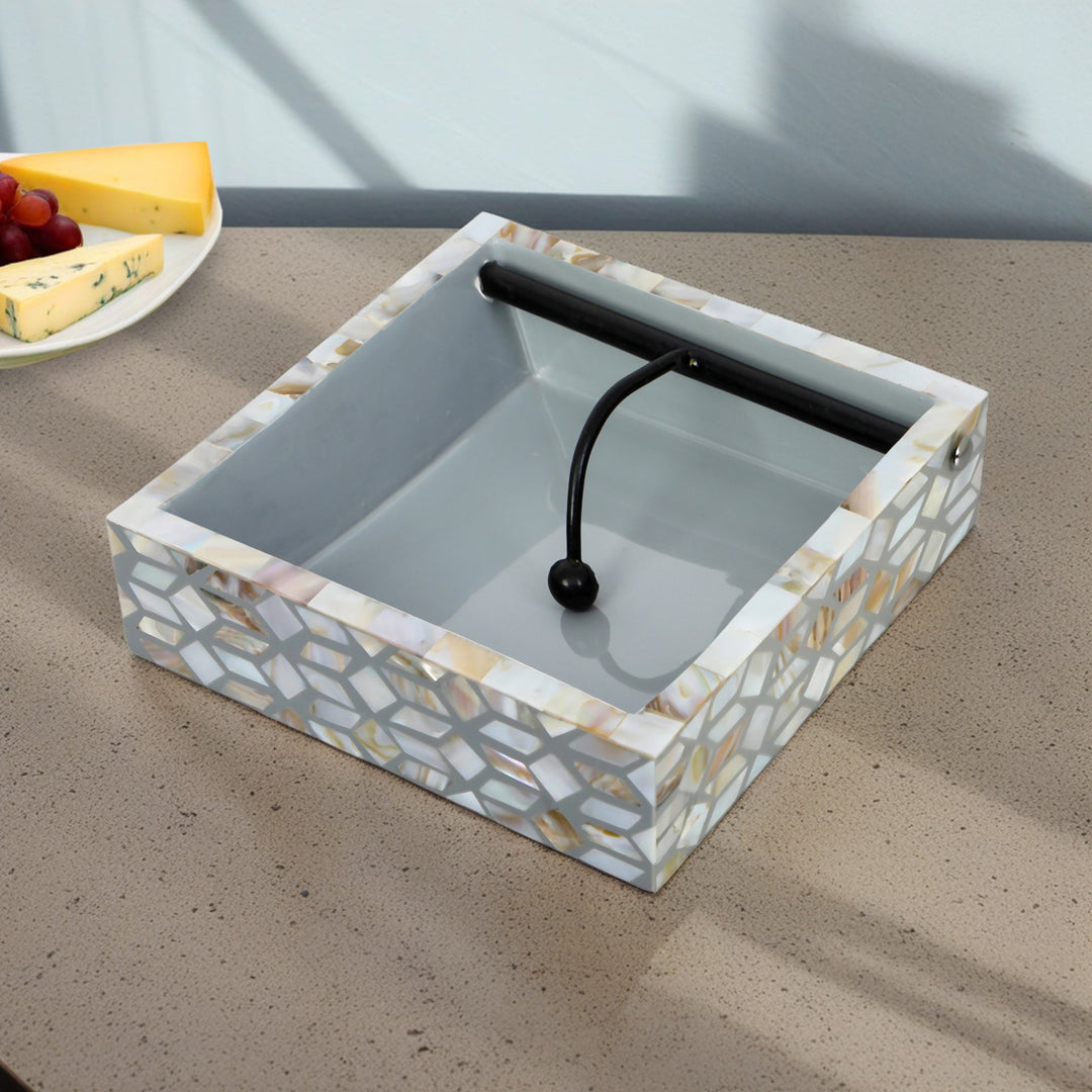 Square Tissue Holder - Grey & White Mother Of Pearl