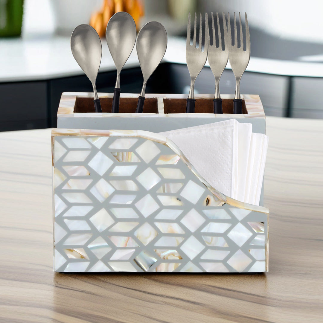 Small Cutlery Tissue Holder -  Grey & White Mother Of Pearl