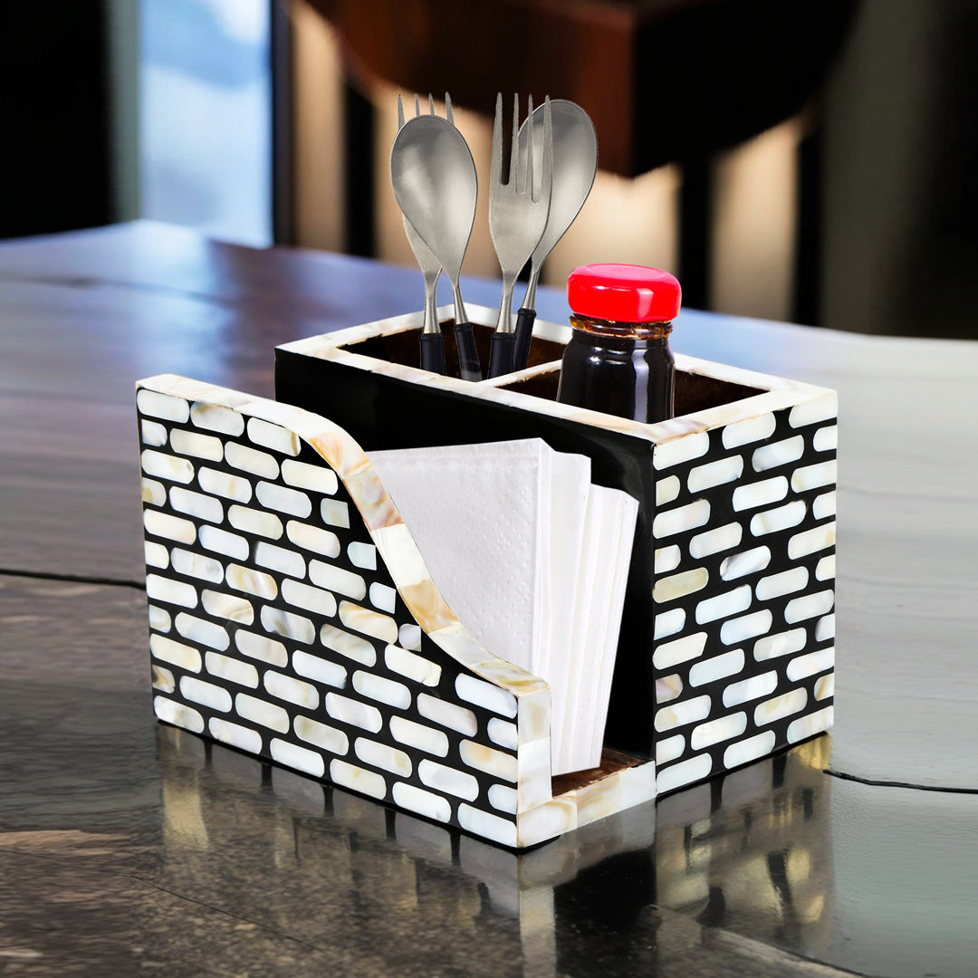 Small Cutlery Tissue Holder -  Black & White Mother Of Pearl